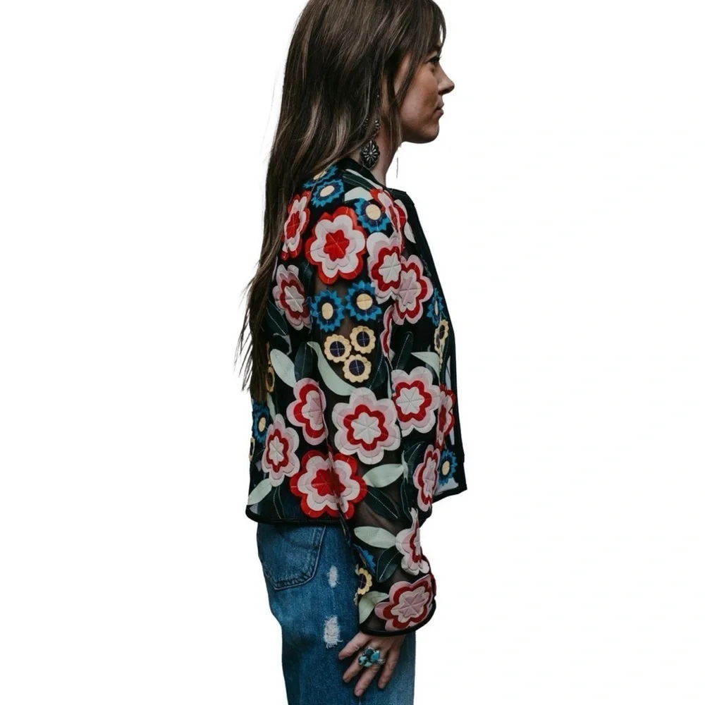 Dakota West Short Art Deco Leather Jacket Black Floral Medium